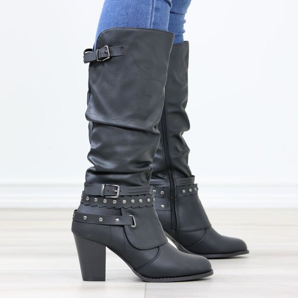 Shoes - Motorcycle Heeled Boots For Rocker Biker Girls Below The Knee Black Faux Leather